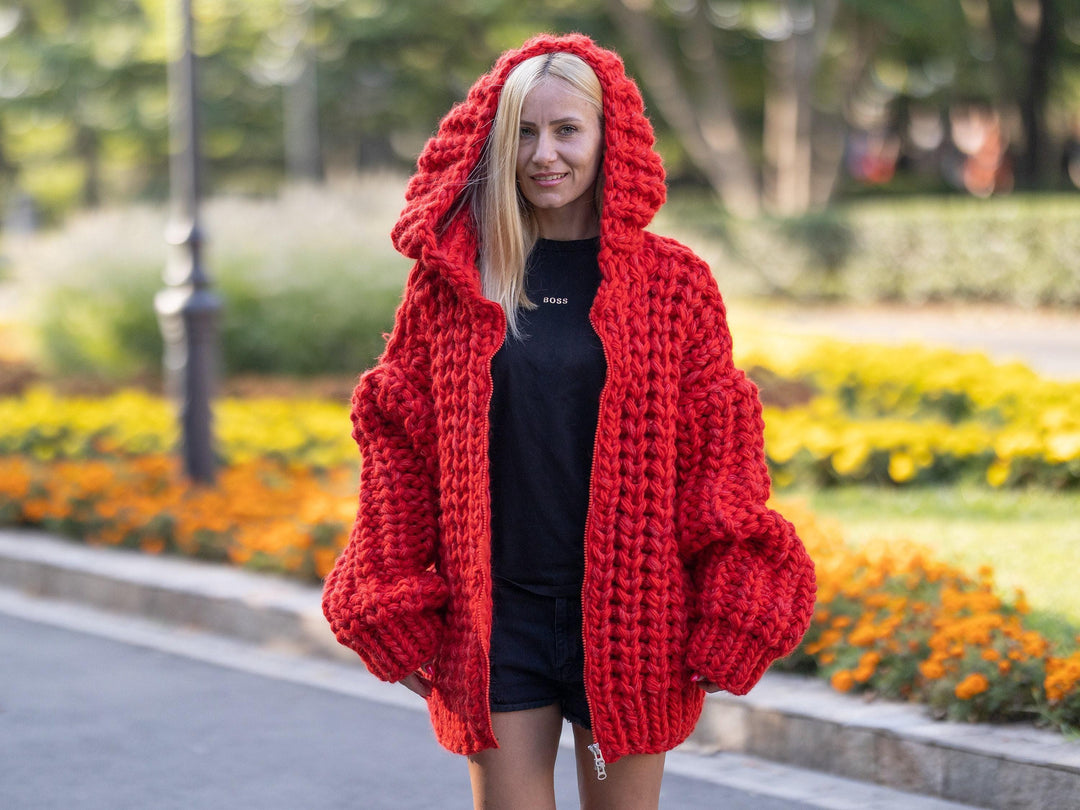 Extra Chunky Red Mohair Cardigan – 25-Strand Hand Knitted Wool Blend Coat T1241