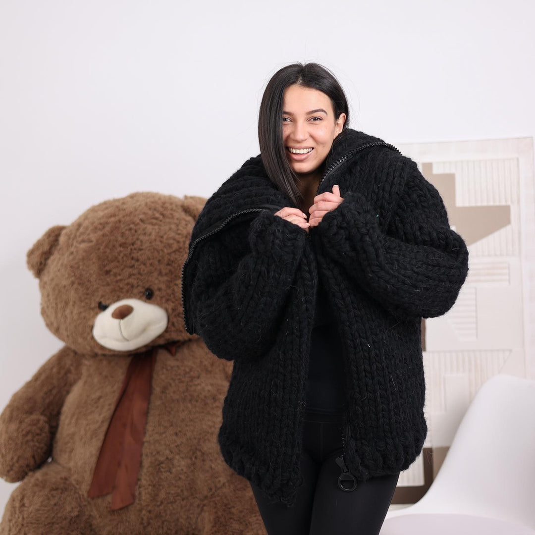 Super Chunky Yak Wool Cardigan – 38-Strand Hand Knitted with Extra Long Turtleneck T1843