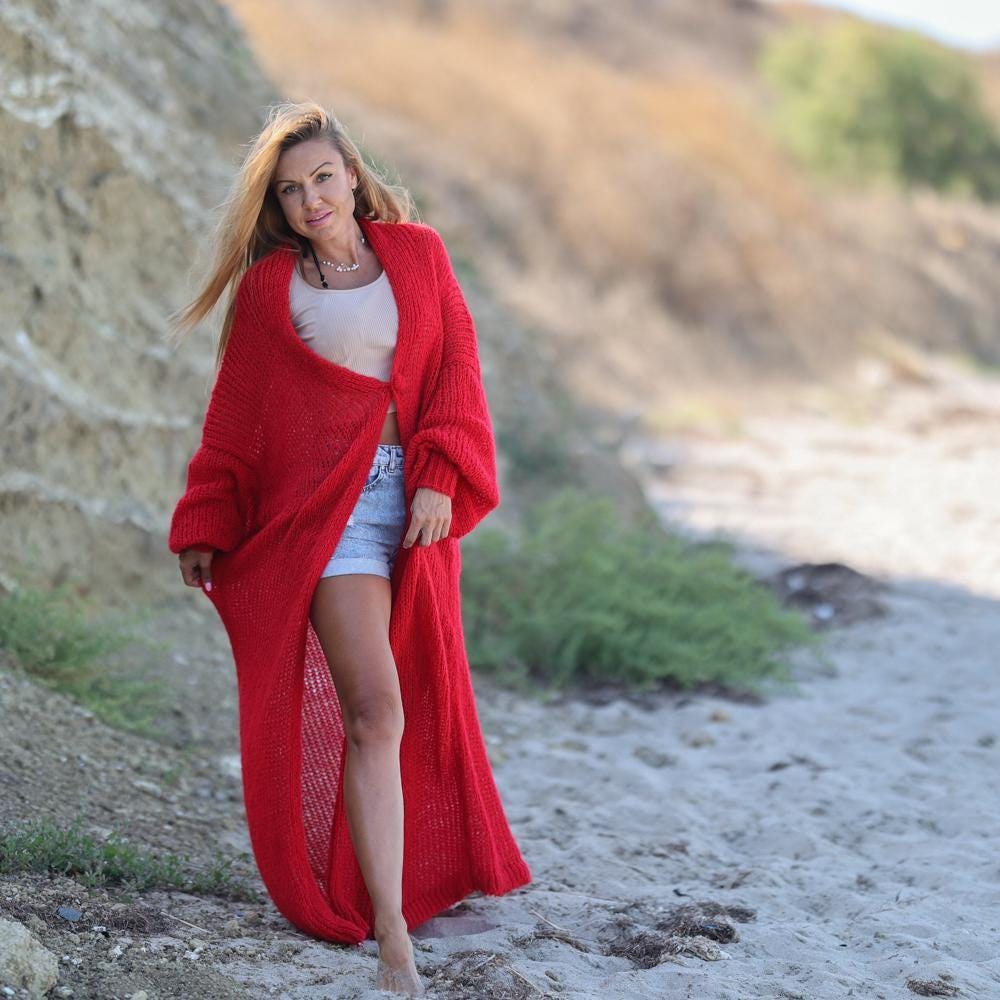 Red Alpaca Wool Cardigan – Hand Knitted Sheer Maxi Duster with Shawl Neck T1934