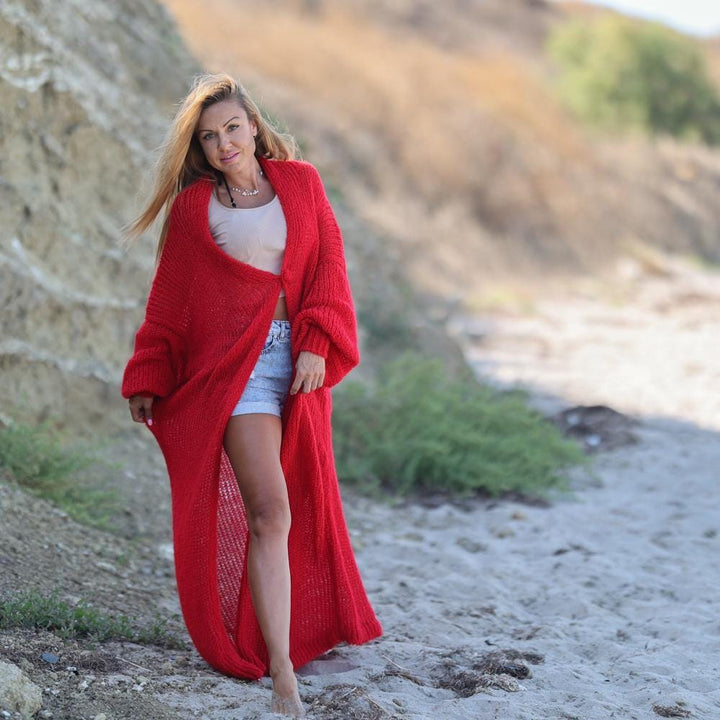 Red Alpaca Wool Cardigan – Hand Knitted Sheer Maxi Duster with Shawl Neck T1934