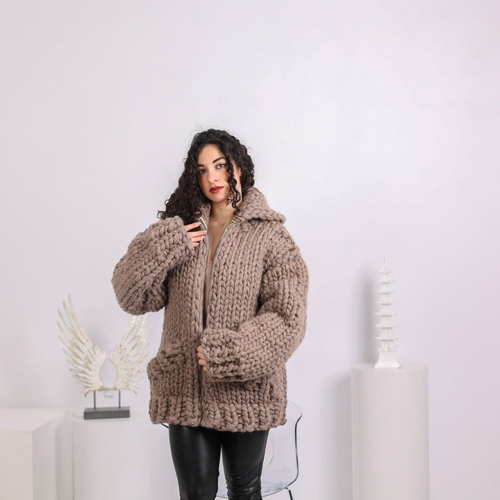 Extra Chunky Wool Cardigan – 12-Strand Hand Knitted Thick Knit Coat T1646