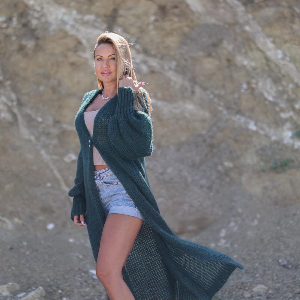 Dark Green Alpaca Wool Cardigan – Hand Knitted Transparent Maxi Duster T1936