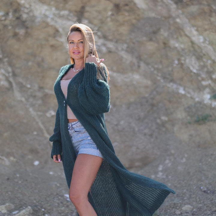Dark Green Alpaca Wool Cardigan – Hand Knitted Transparent Maxi Duster T1936