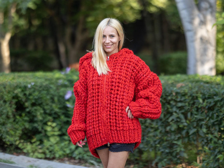 Extra Chunky Red Mohair Cardigan – 25-Strand Hand Knitted Wool Blend Coat T1241