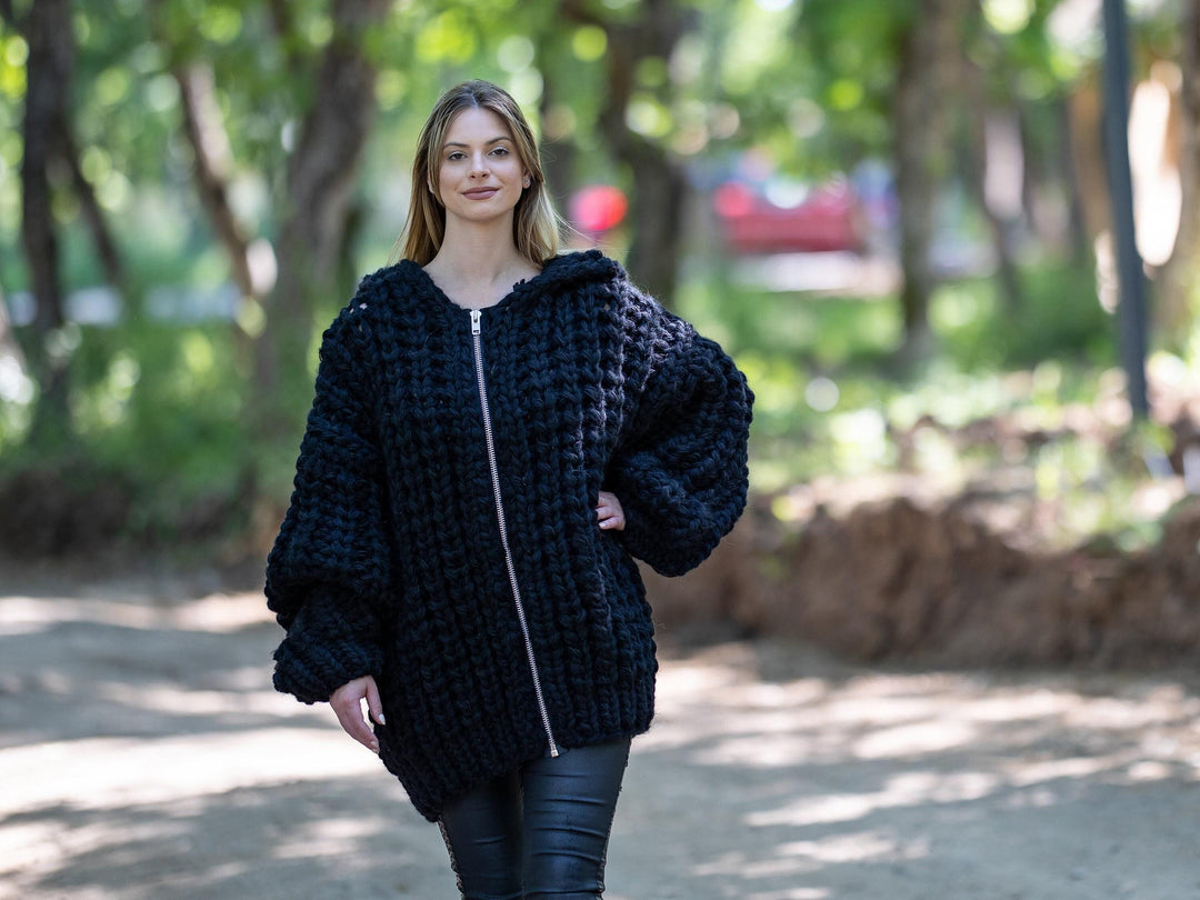 Chunky Wool Blend Cardigan – Hand Knitted Alpaca Merino Lambswool Jacket T1208