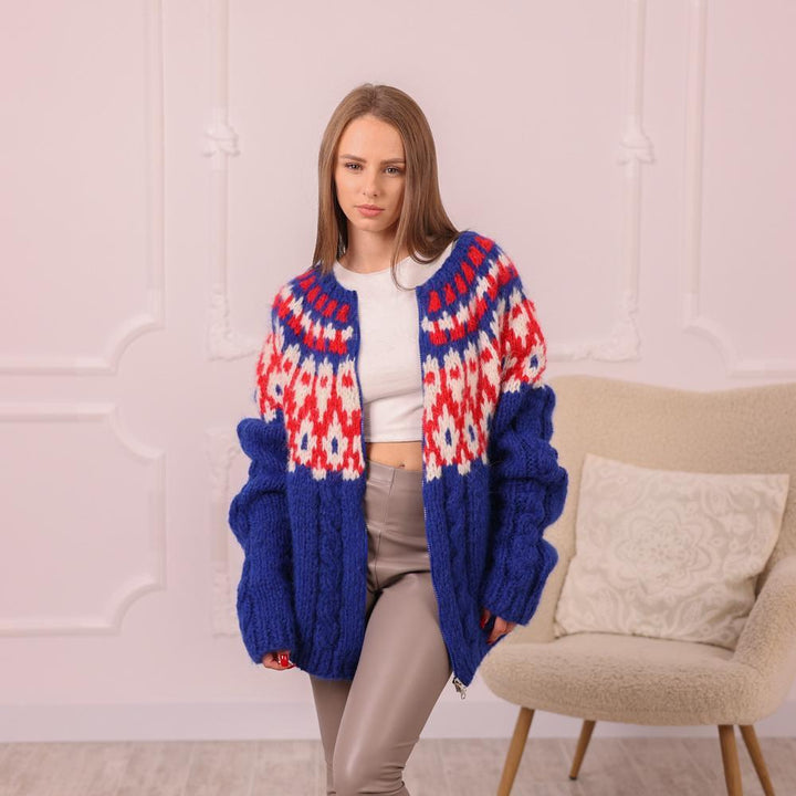 Alpaca Cardigan – Hand Knitted Icelandic Pattern Zip Sweater T2003