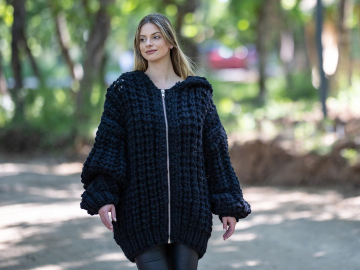Chunky Wool Blend Cardigan – Hand Knitted Alpaca Merino Lambswool Jacket T1208