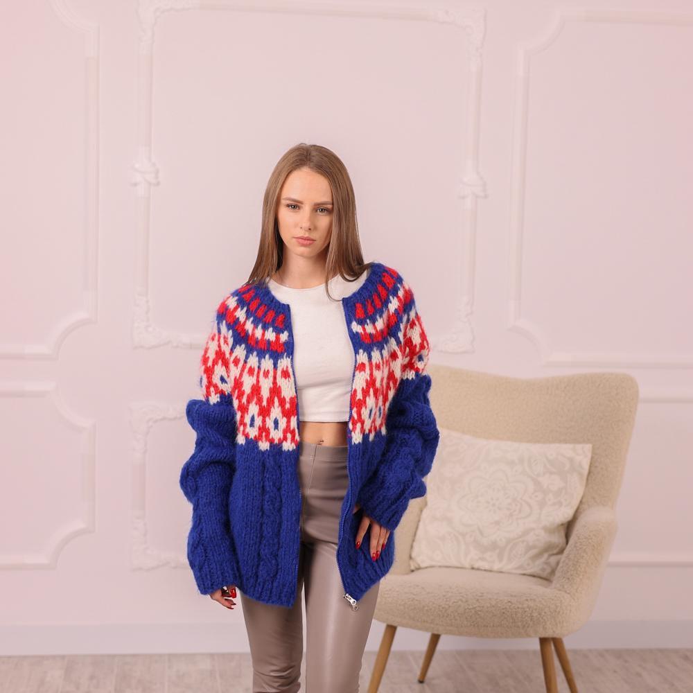 Alpaca Cardigan – Hand Knitted Icelandic Pattern Zip Sweater T2003