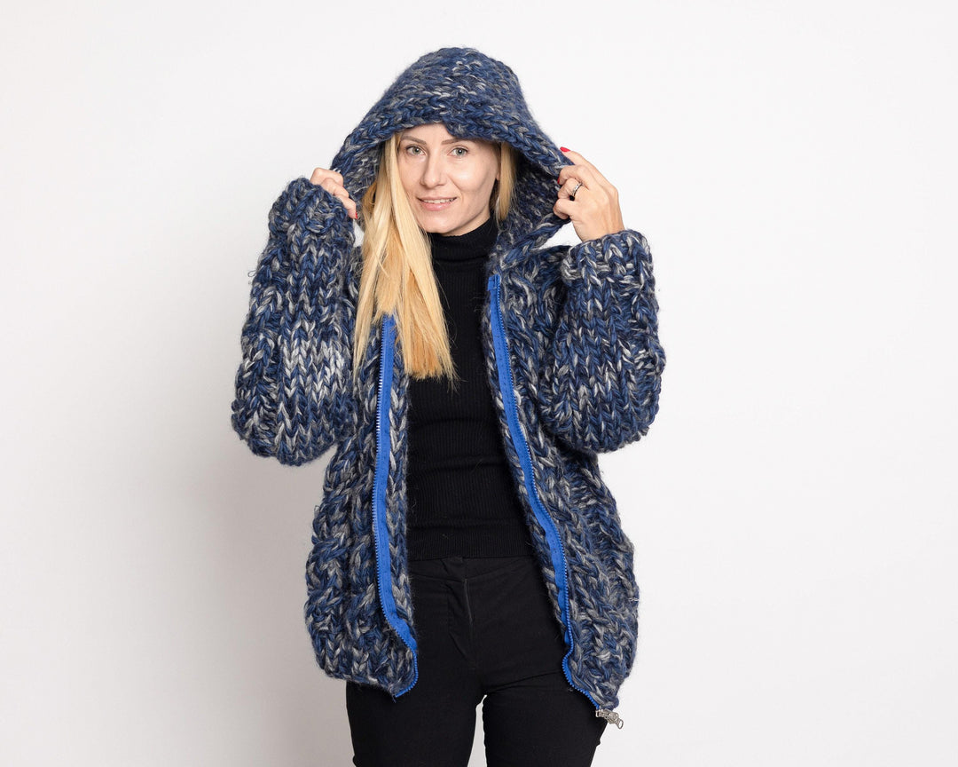 Chunky Wool Blend Cardigan – Hand Knitted Mohair Alpaca Yak Mix Jacket T1525