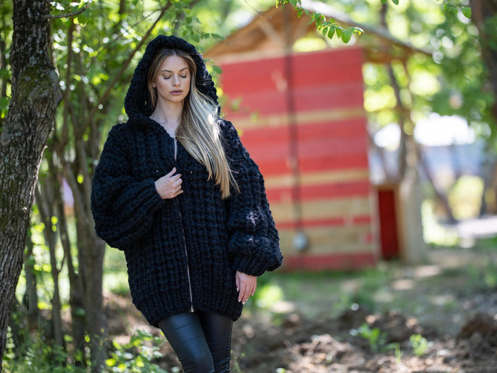 Chunky Wool Blend Cardigan – Hand Knitted Alpaca Merino Lambswool Jacket T1208