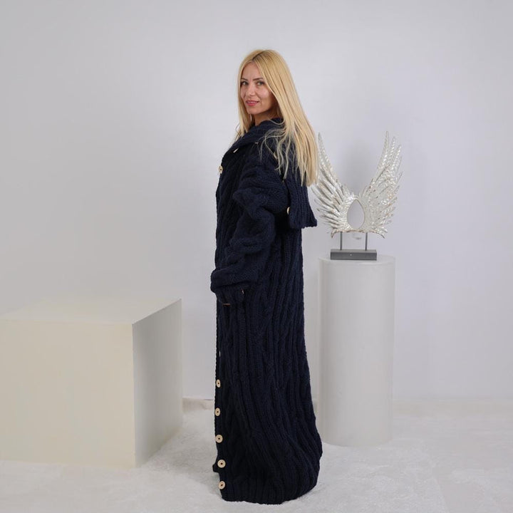 Extra Long Cable Cardigan – Hand Knitted Yak Wool Coat with 50 cm Turtleneck T1919