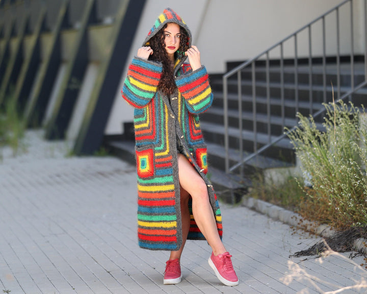 Rainbow Mohair Crochet Cardigan – Hand Made Long Multicolor Maxi Coat T1442