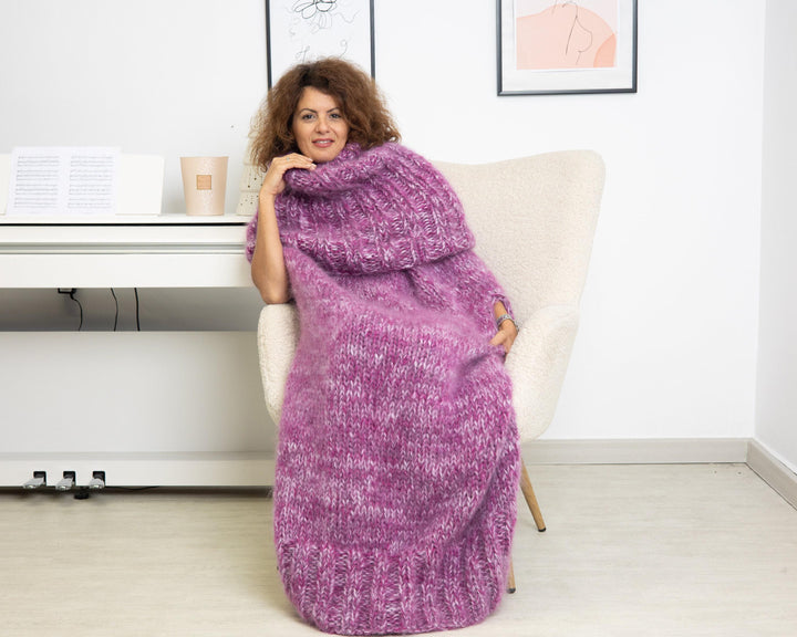 Long Mohair Poncho Dress – Hand Knitted Cream Knit with Extra Long Turtleneck T1316