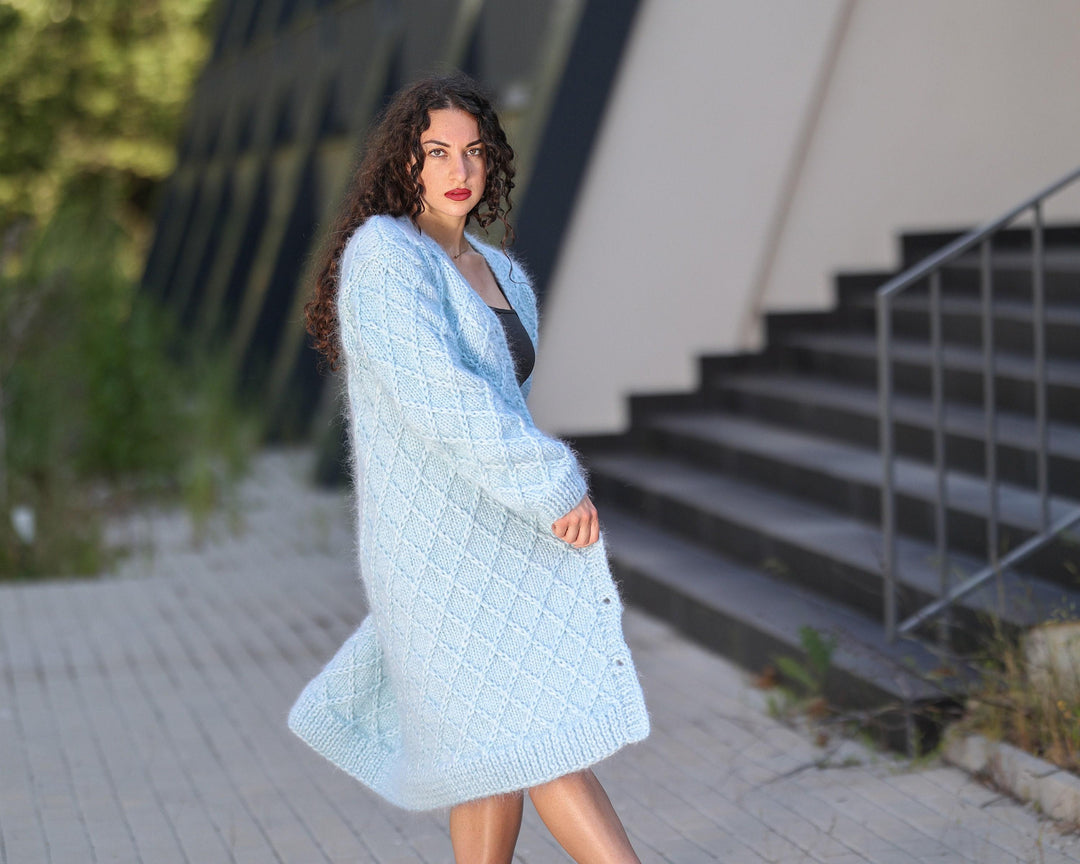 Blue Mohair Cardigan – Hand Knitted Cable Knit Sweater T1443