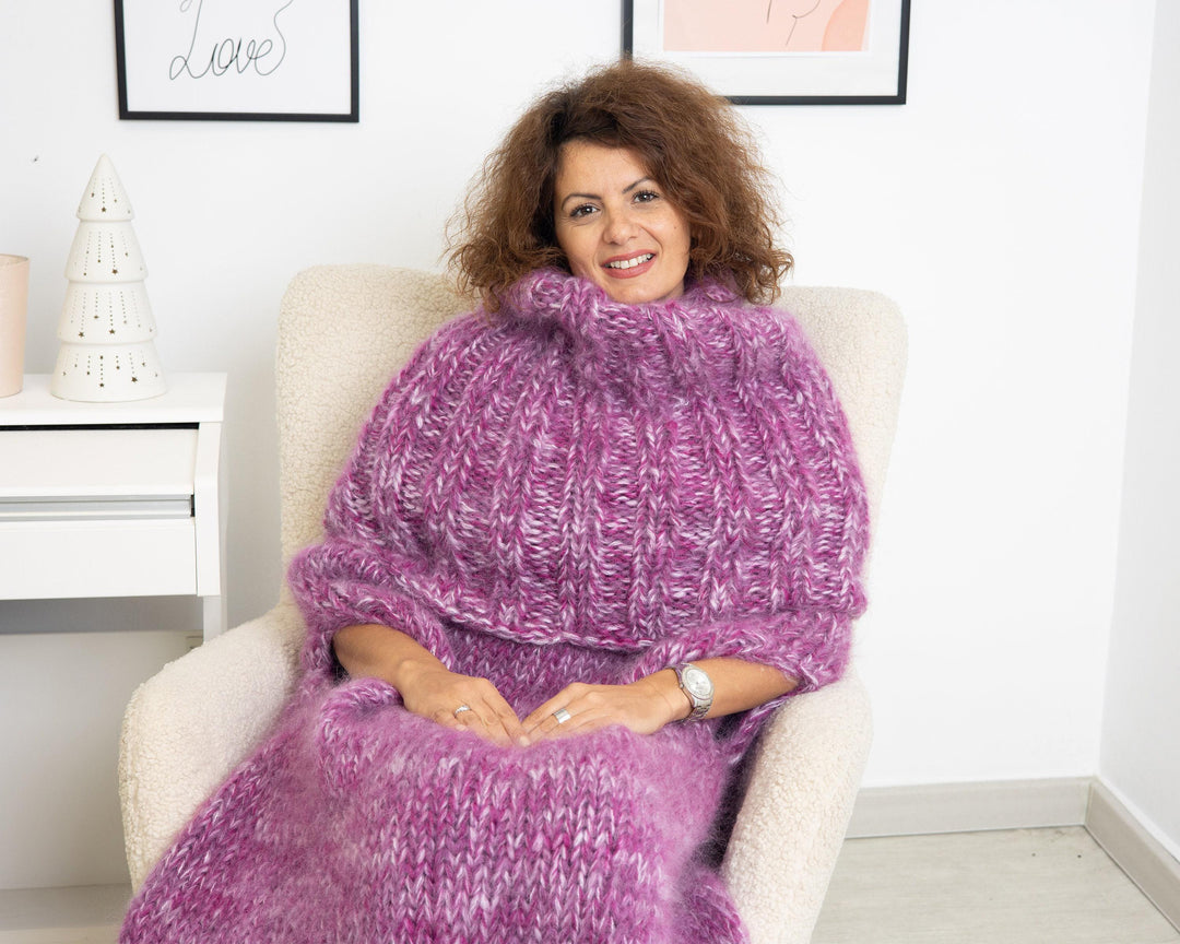 Long Mohair Poncho Dress – Hand Knitted Cream Knit with Extra Long Turtleneck T1316