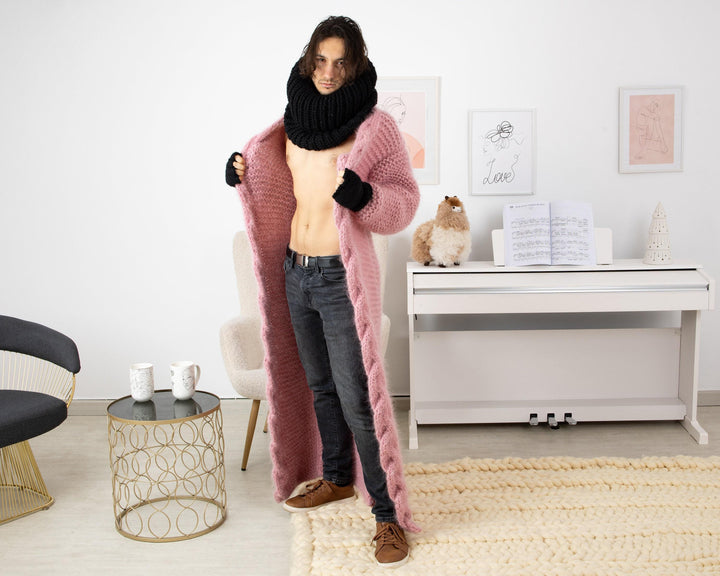 Pink Mohair Cardigan – Hand Knitted Long Oversized Chunky Coat T1341