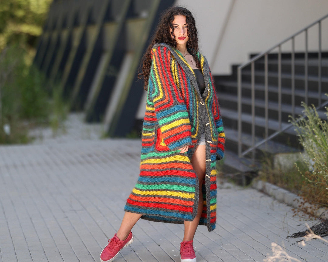Rainbow Mohair Crochet Cardigan – Hand Made Long Multicolor Maxi Coat T1442