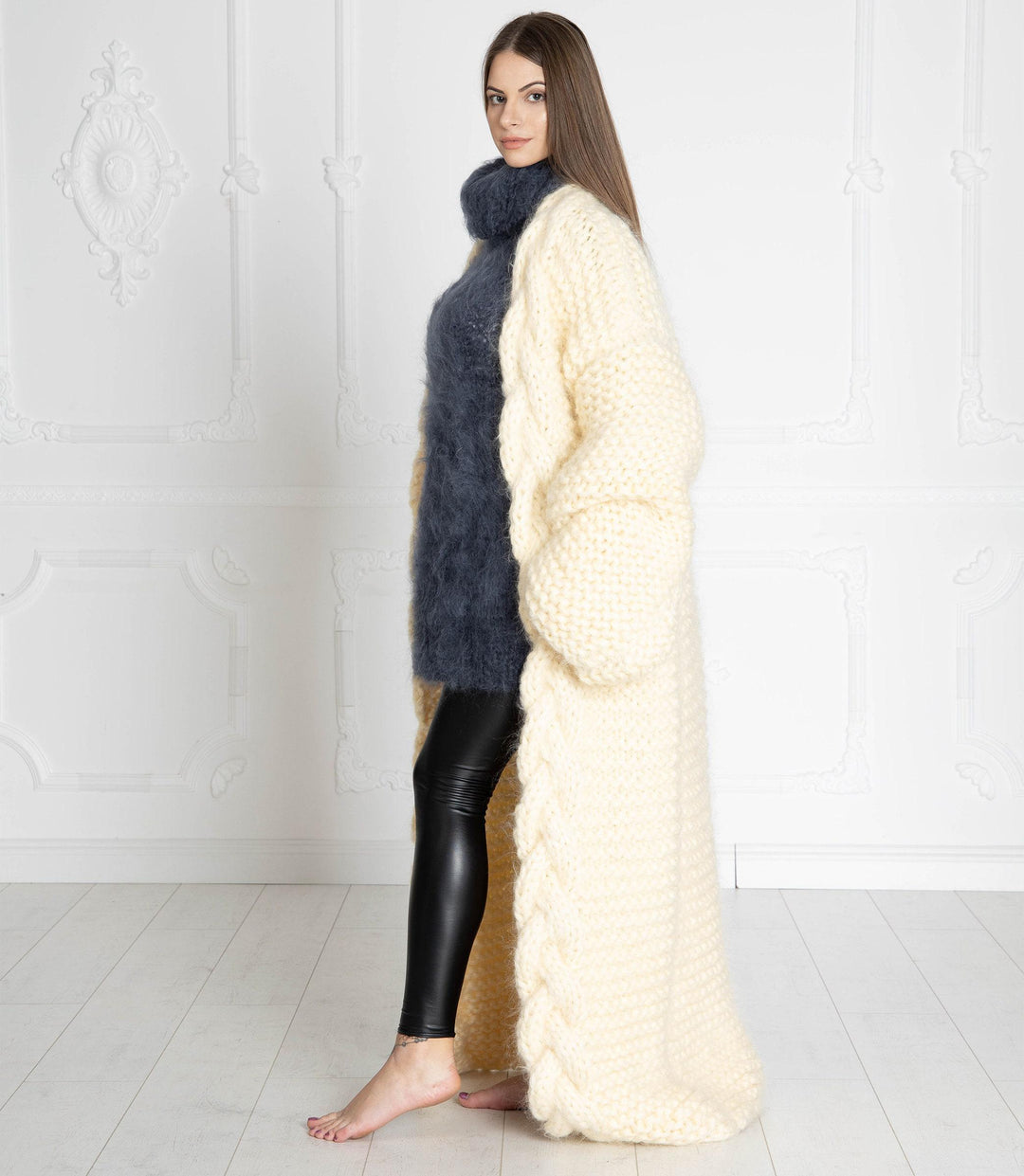 Cream Mohair Cardigan – Hand Knitted Long Oversized Chunky Coat T639W