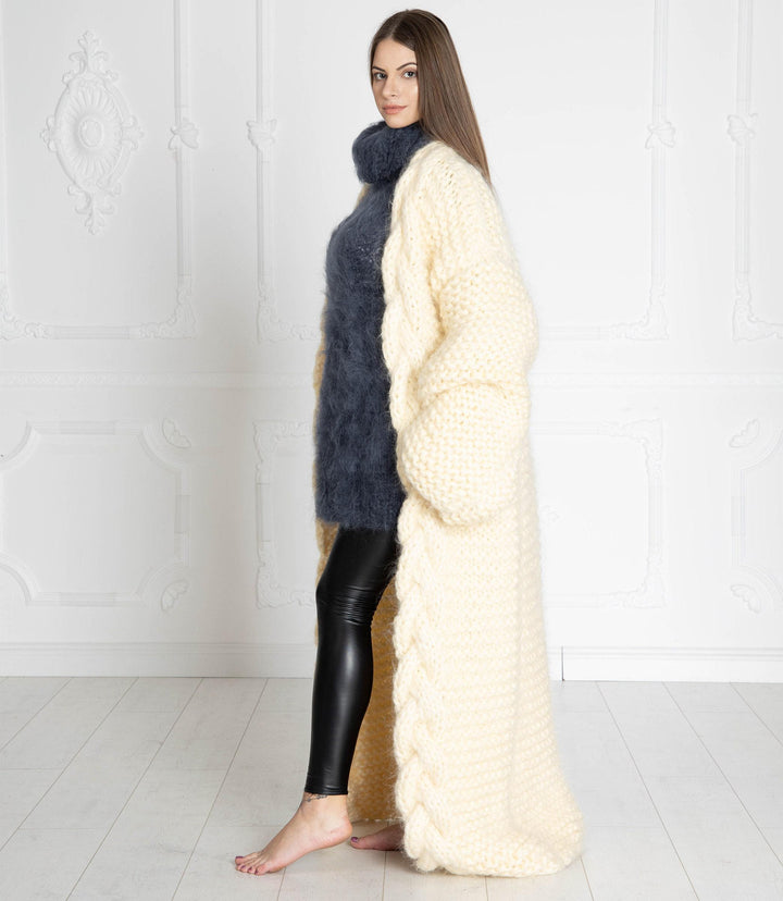Cream Mohair Cardigan – Hand Knitted Long Oversized Chunky Coat T639W
