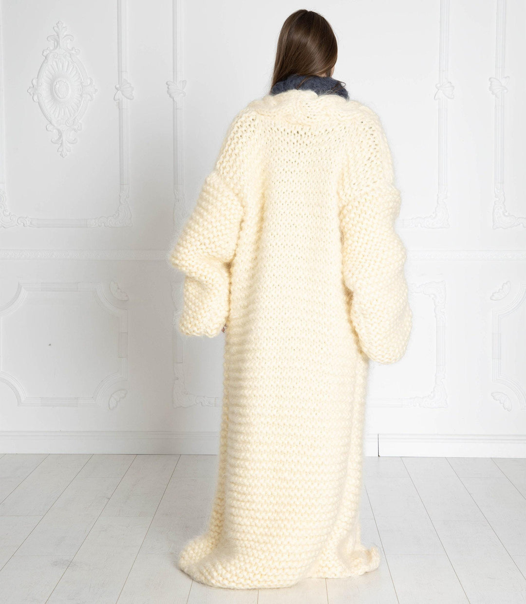 Cream Mohair Cardigan – Hand Knitted Long Oversized Chunky Coat T639W