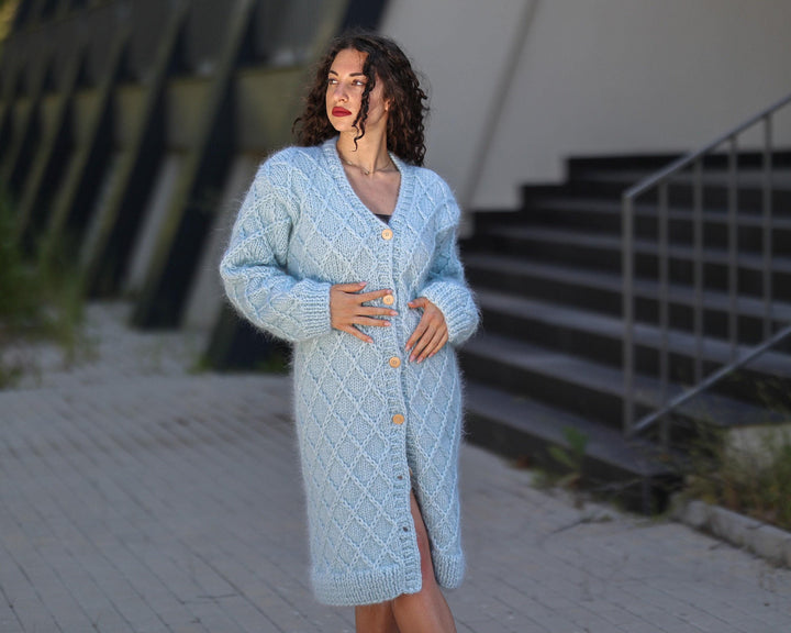 Blue Mohair Cardigan – Hand Knitted Cable Knit Sweater T1443