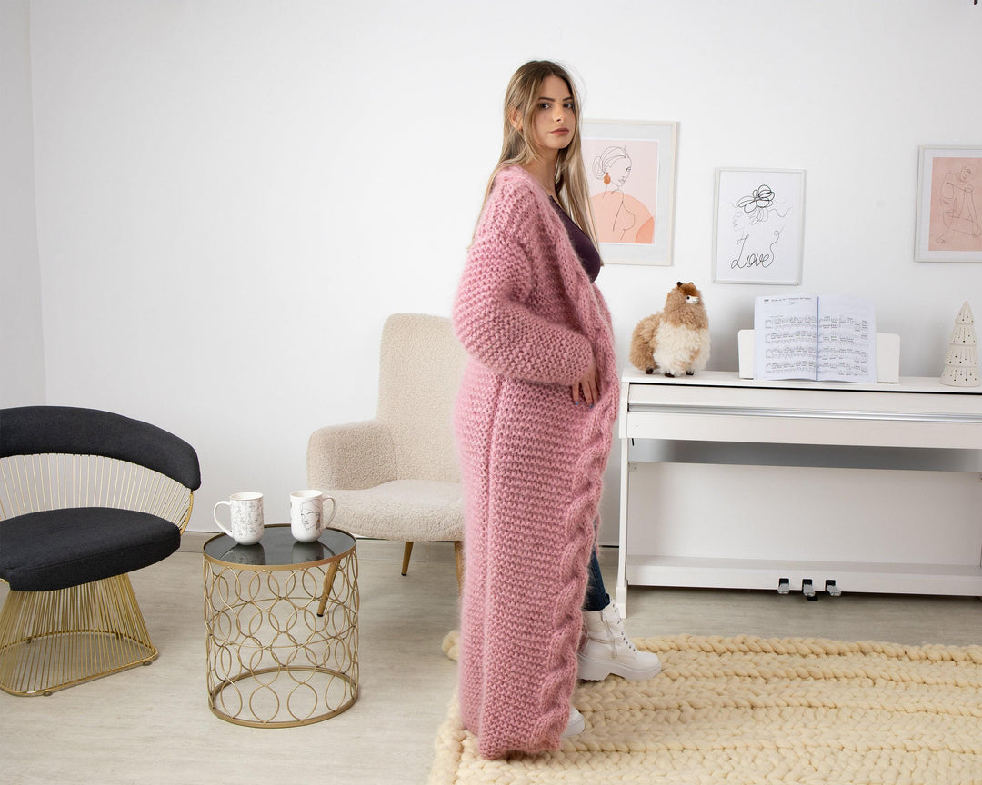 Pink Mohair Cardigan – Hand Knitted Long Oversized Chunky Coat T1341