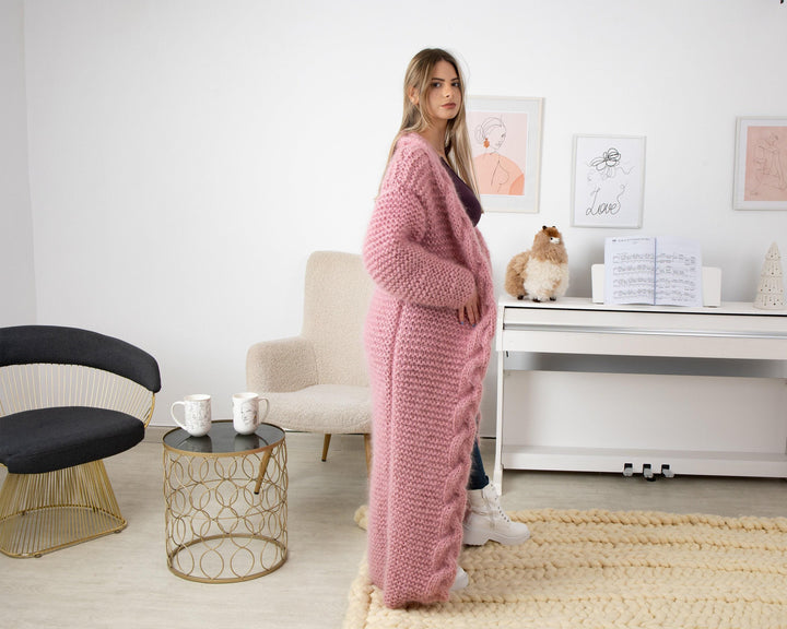 Pink Mohair Cardigan – Hand Knitted Long Oversized Chunky Coat T1341