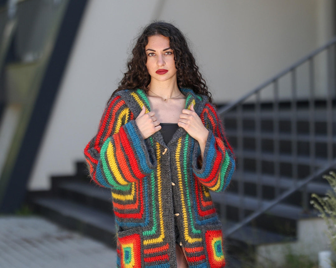 Rainbow Mohair Crochet Cardigan – Hand Made Long Multicolor Maxi Coat T1442