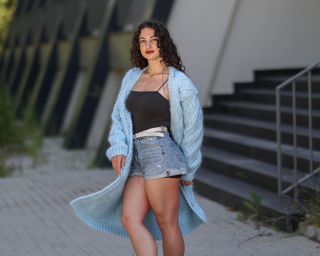 Blue Mohair Cardigan – Hand Knitted Cable Knit Sweater T1443