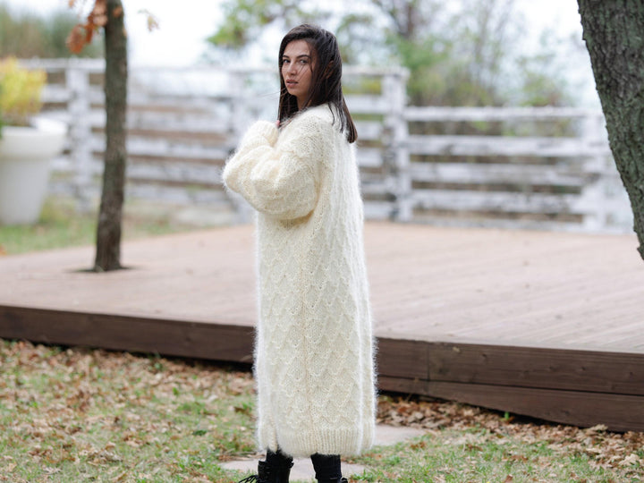 Cream Mohair Cardigan – Hand Knitted Cable Knit Sweater T1142