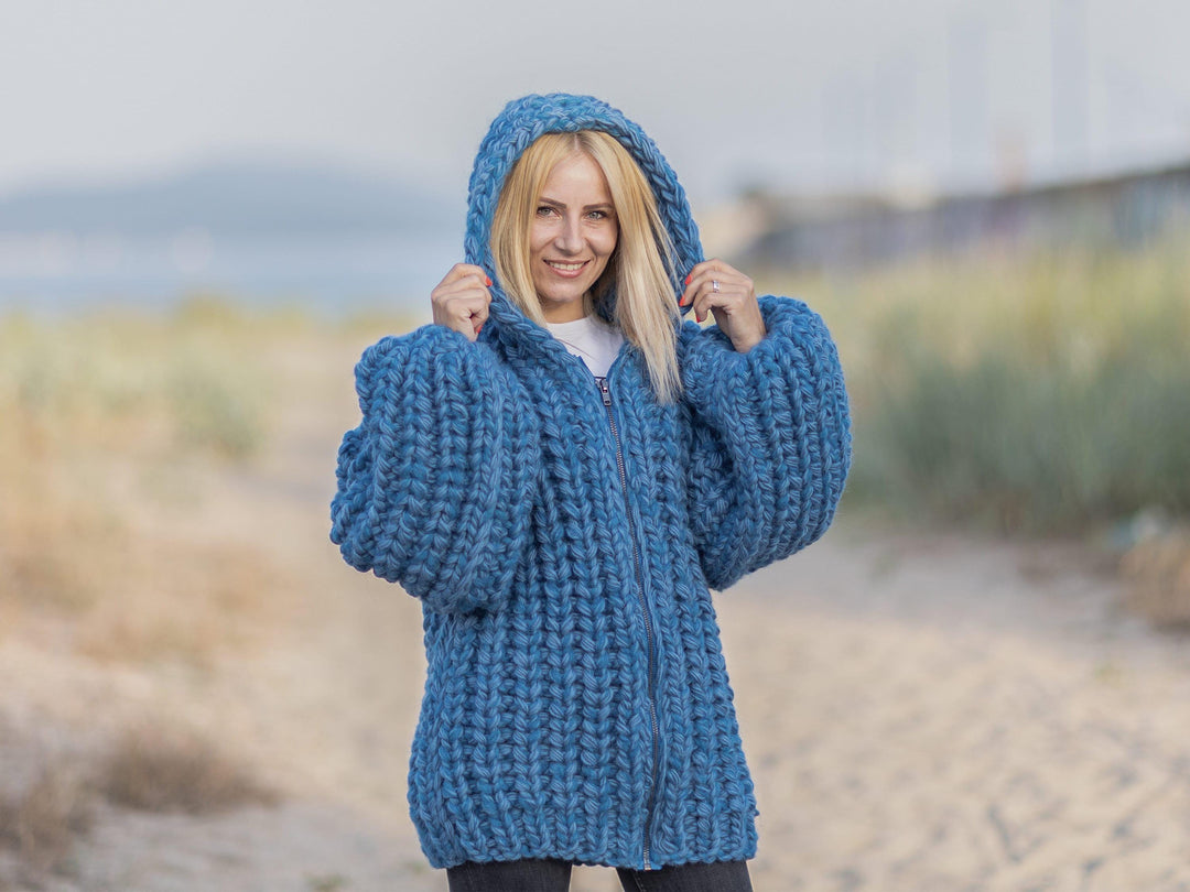 Chunky Blue Mohair Cardigan – Hand Knitted Italian Mohair Lambswool Coat T1085