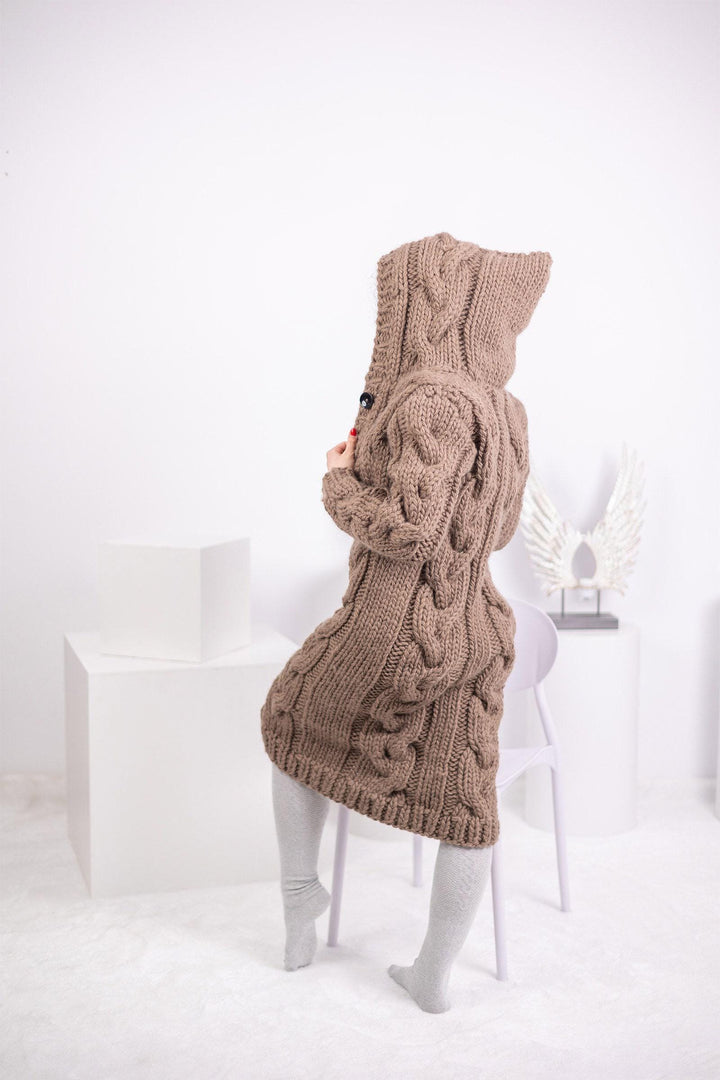 Brown Wool Cardigan – Hand Knitted Cable Knit Sweater T1543
