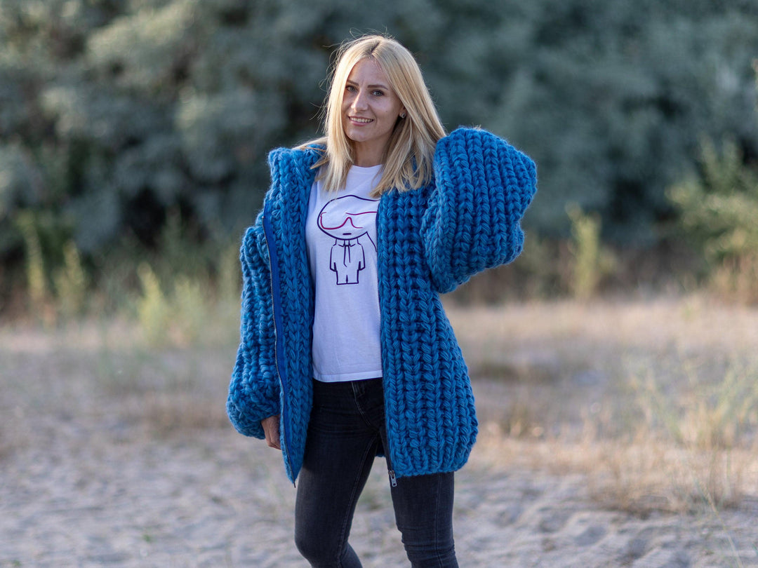 Chunky Blue Mohair Cardigan – Hand Knitted Italian Mohair Lambswool Coat T1085