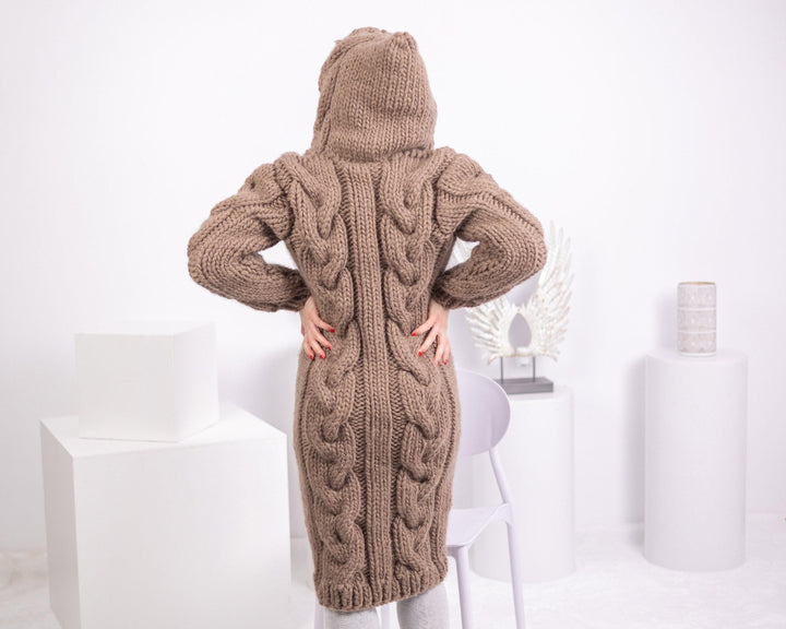 Brown Wool Cardigan – Hand Knitted Cable Knit Sweater T1543