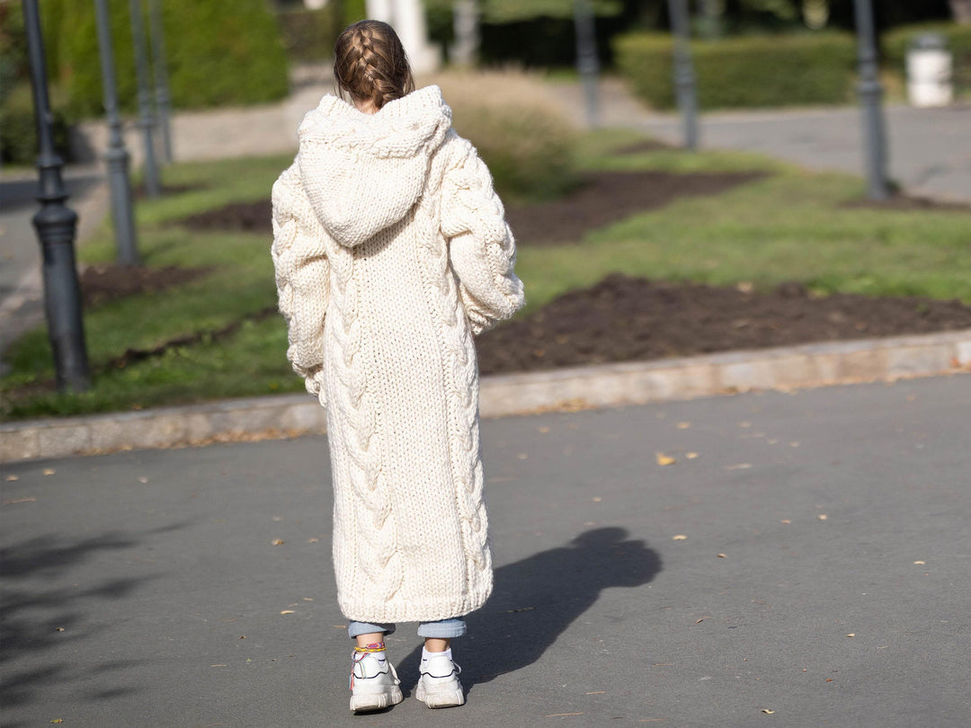 Cream Wool Cardigan – Hand Knitted Cable Knit Sweater T1288