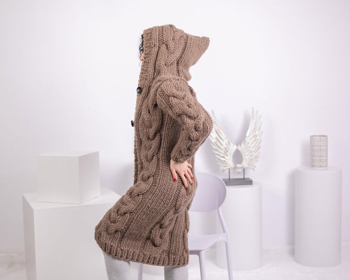 Brown Wool Cardigan – Hand Knitted Cable Knit Sweater T1543