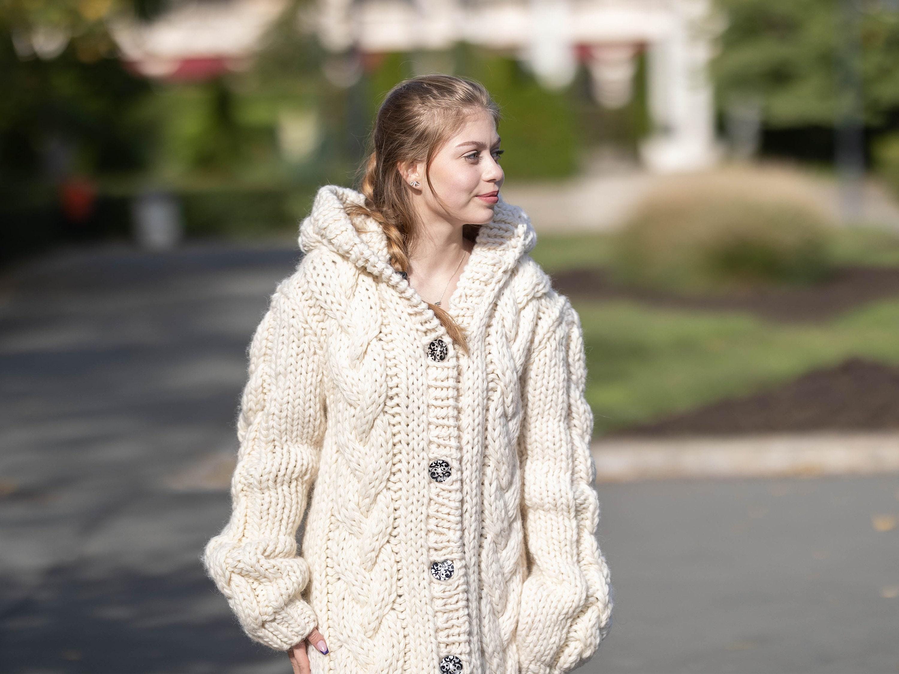 ✅Hand Knit - Cable knit wool cardigan Tiffy Mohair Cream Wool Cable Long Cardigan T1288