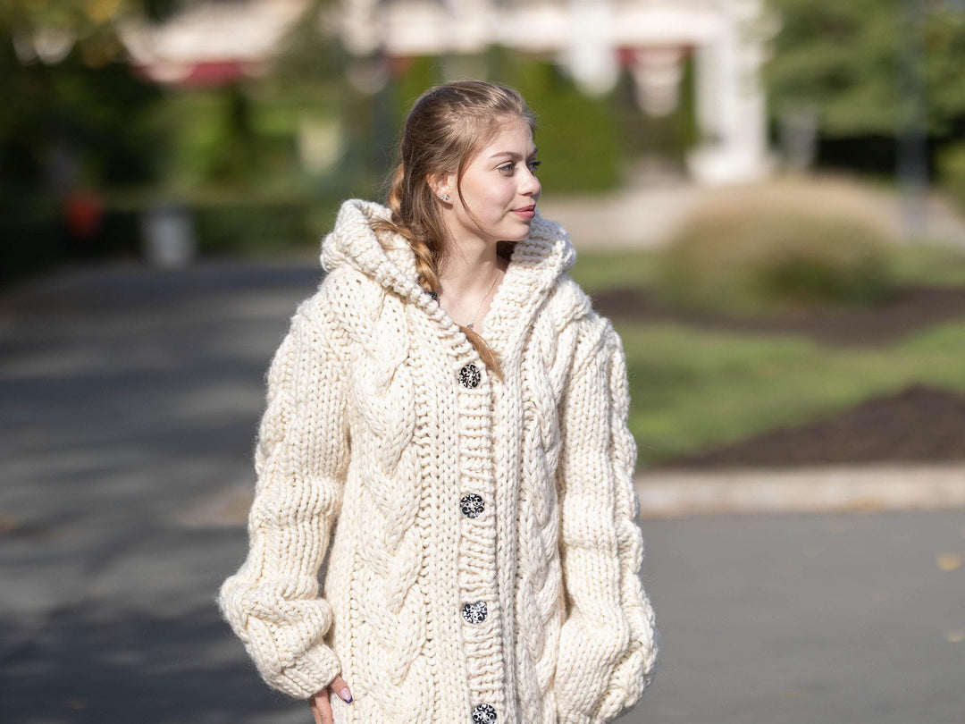 Cream Wool Cardigan – Hand Knitted Cable Knit Sweater T1288
