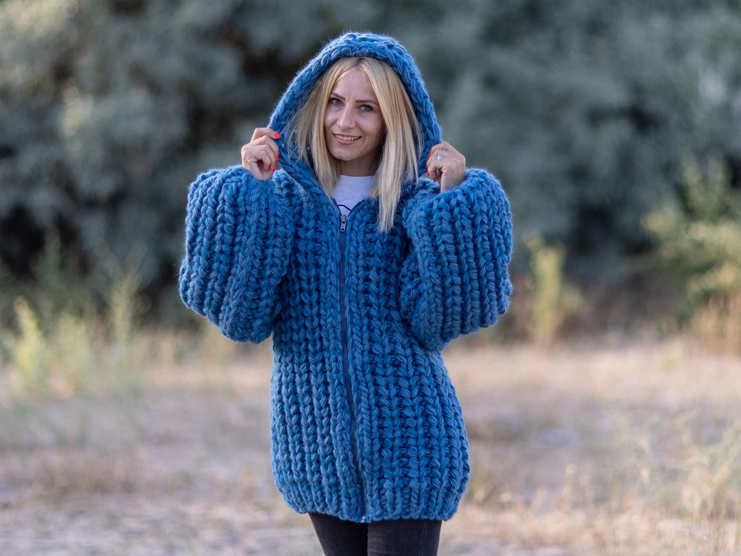 Chunky Blue Mohair Cardigan – Hand Knitted Italian Mohair Lambswool Coat T1085