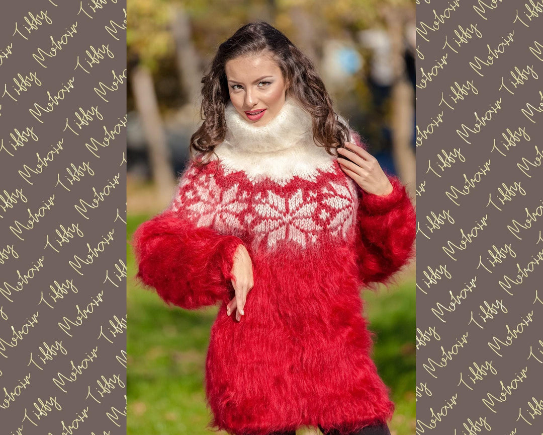 Red Mohair Sweater – Chunky Hand Knitted Nordic Wool Pullover T382
