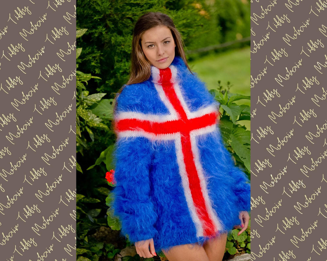 Icelandic Flag Mohair Sweater – Hand Knitted Blue Fuzzy Turtleneck Pullover T118