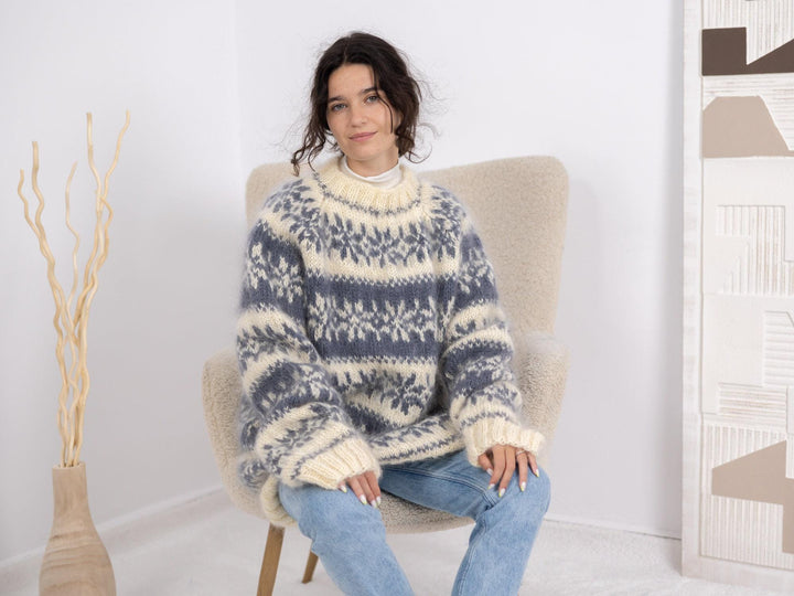 Norwegian Mohair Sweater, Hand Knitted Nordic Wool Pullover T1688