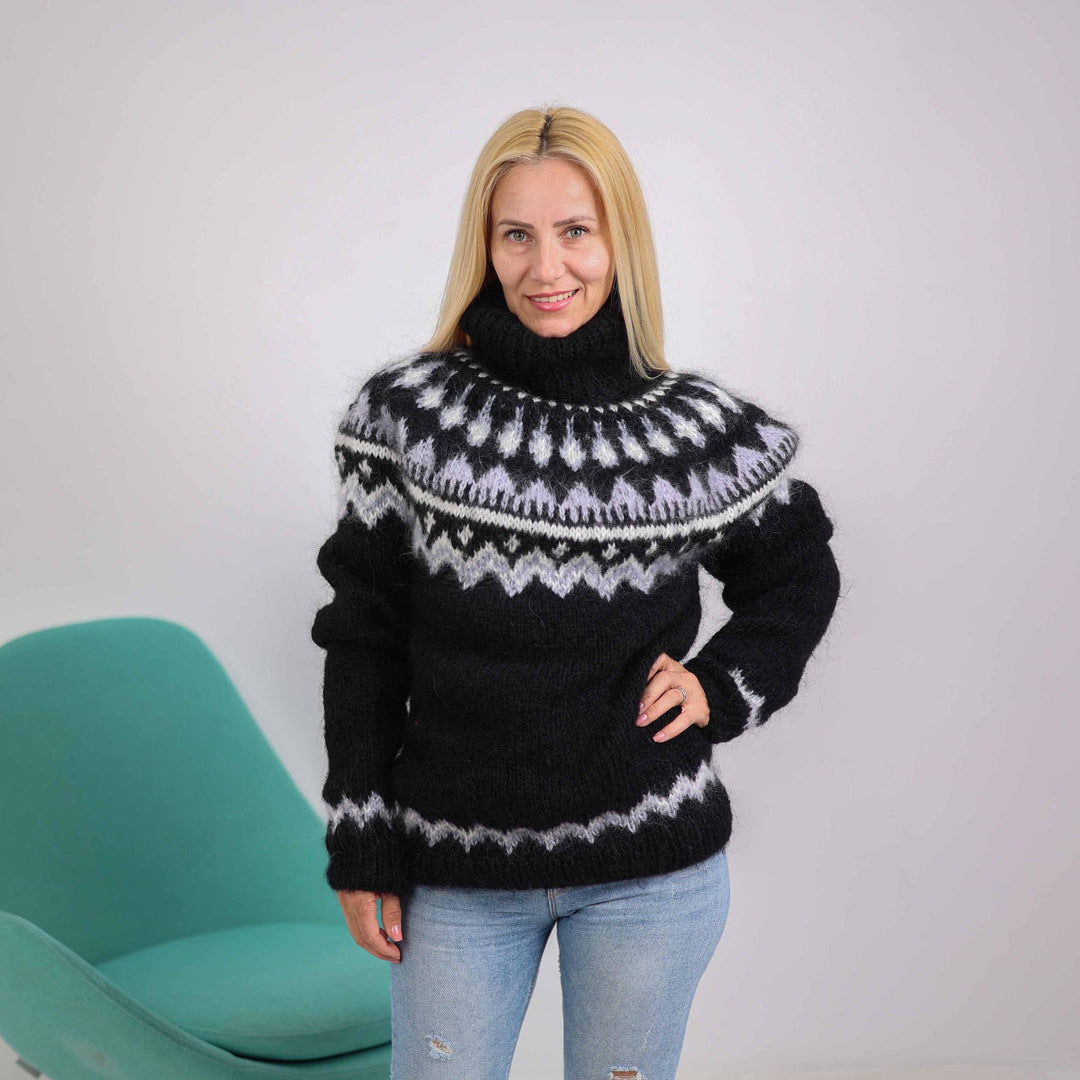 Black Icelandic Sweater, Hand Knitted Mohair Wool Nordic Pullover T1874