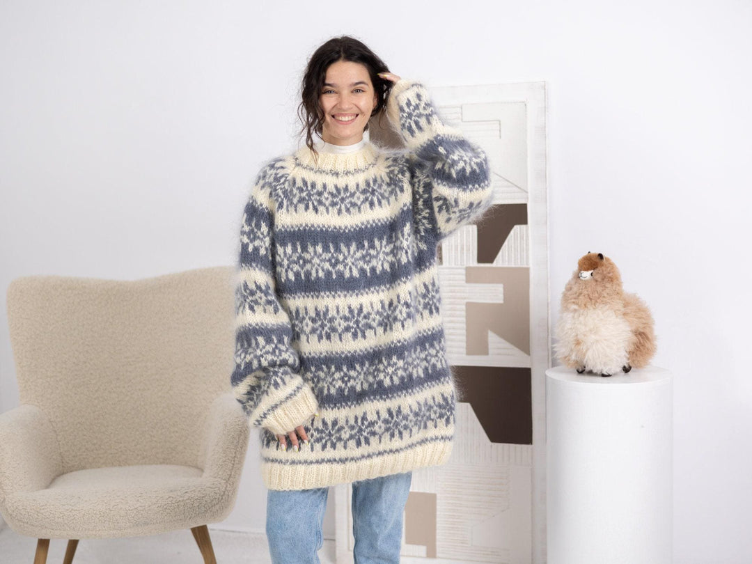 Norwegian Mohair Sweater, Hand Knitted Nordic Wool Pullover T1688