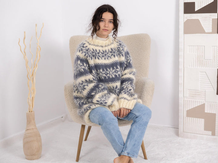 Norwegian Mohair Sweater, Hand Knitted Nordic Wool Pullover T1688