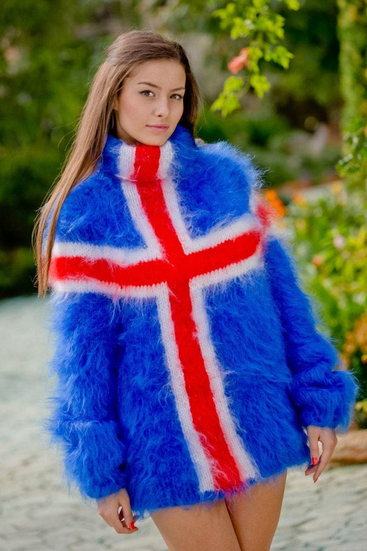 Icelandic Flag Mohair Sweater – Hand Knitted Blue Fuzzy Turtleneck Pullover T118
