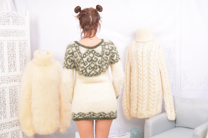 Lopi Mohair Sweater – Hand Knitted Icelandic Fair Isle Pullover T744