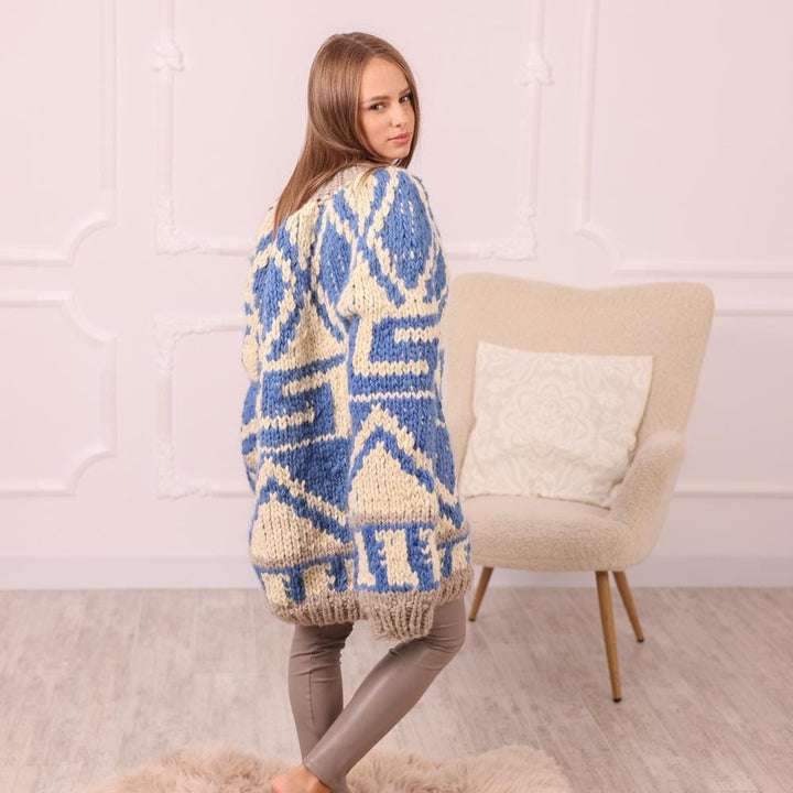 Chunky Wool Icelandic Sweater, Hand Knitted Blue Cream Nordic Pullover T2005