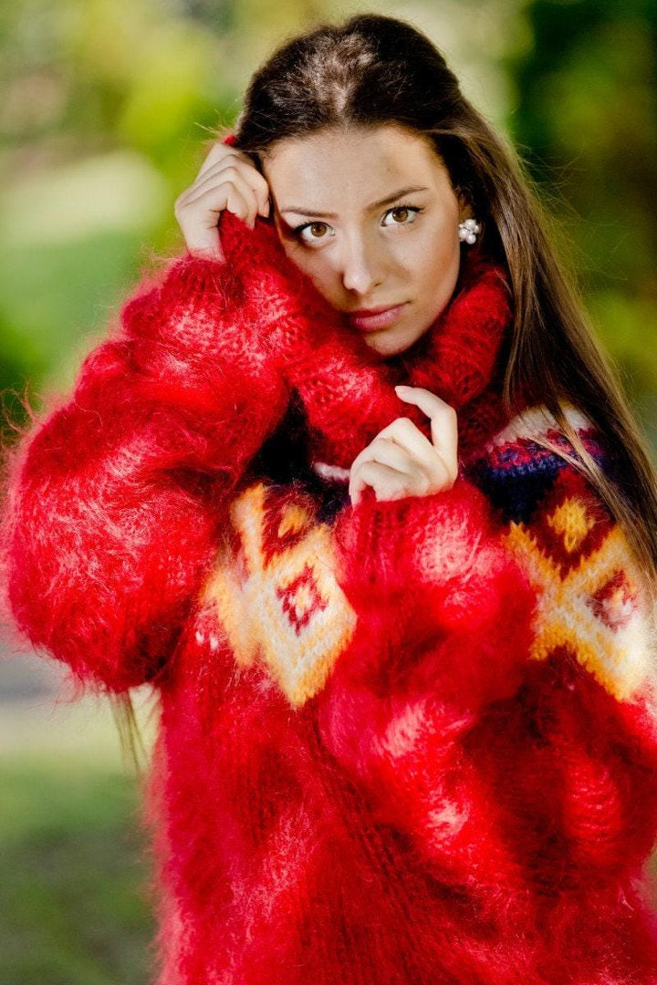 Mohair Wool Sweater – Hand Knitted Rustic Icelandic Lopapeysa Pullover T104