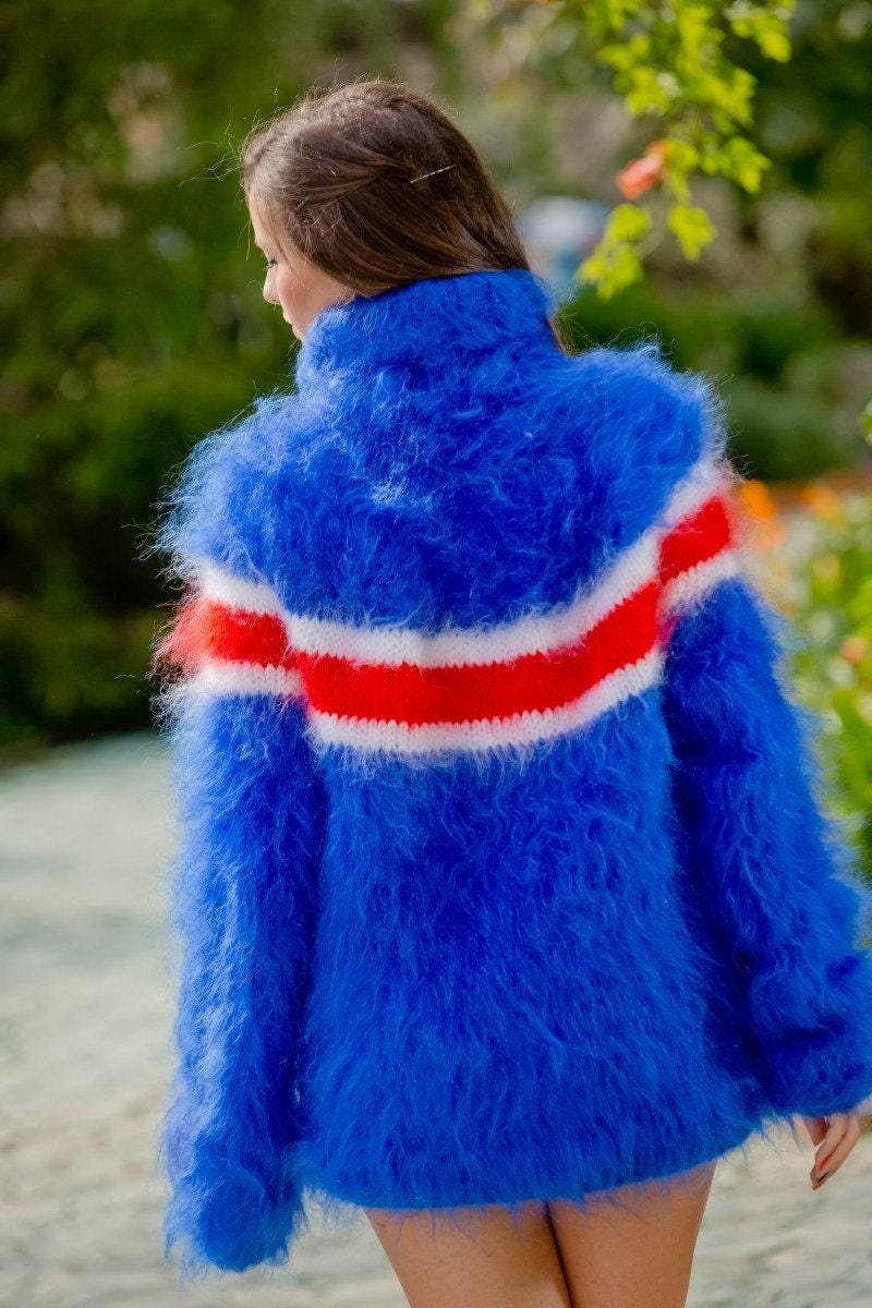 Icelandic Flag Mohair Sweater – Hand Knitted Blue Fuzzy Turtleneck Pullover T118